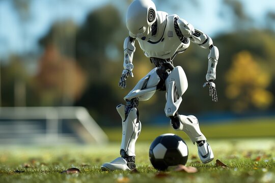 A modern robot poised to kick a soccer ball, showcasing artificial intelligence in sports.