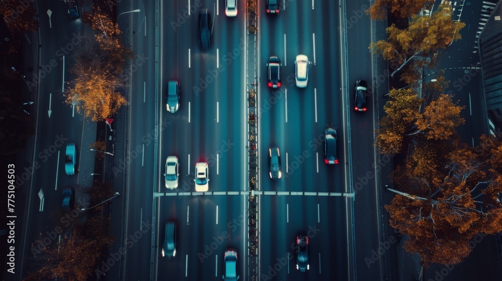 Poster Drone view of autonomous self-driving car moving through city highway, overtaking cars. Visualization concept: AI sensor scanning road ahead for vehicles, speed limits.