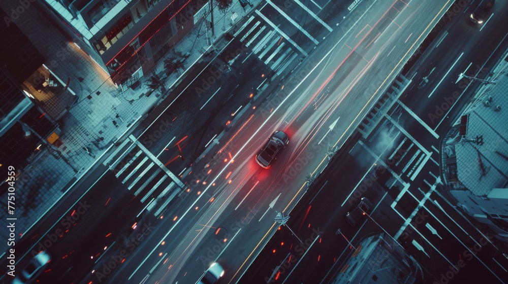 Aufkleber Animated Top Down Drone View of Autonomous Self-Driving Vehicle Moving Across City Highway. AI-Based Visualization Concept: Old School Sensor Scanning for Traffic, Danger, Speed Limits.