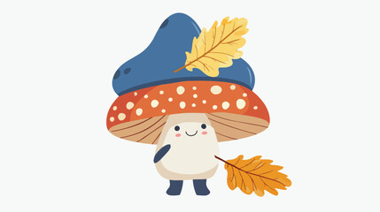 Funny cartoon mushroom in blue hat with yellow leaf 