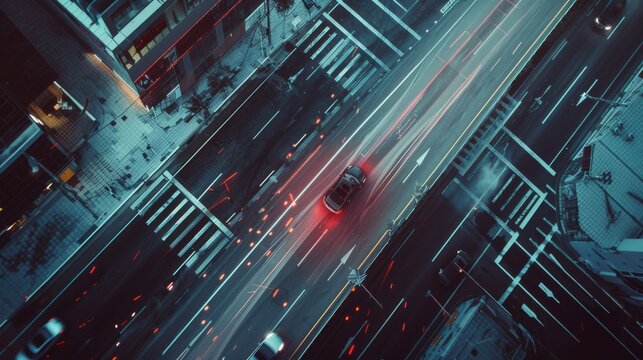 Animated Top Down Drone View of Autonomous Self-Driving Vehicle Moving Across City Highway. AI-Based Visualization Concept: Old School Sensor Scanning for Traffic, Danger, Speed Limits.