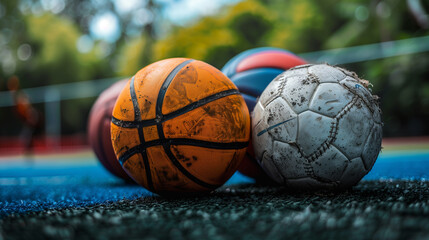 Basketball and soccer ball on court, playing outdoors competitive sport - obrazy, fototapety, plakaty