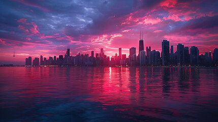 A city skyline aglow with the colors of sunset - urban beauty
