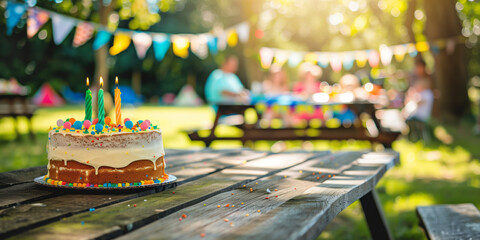 Birthday cake on a wooden table in sunny garden. Summer birthday party on backyard with garland and cake.