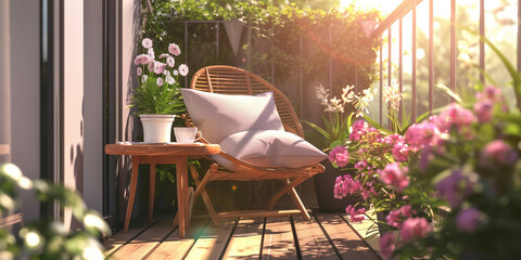 Cozy balcony or small terrace with simple furniture, blossoming plants in flower pots and soft pillows. Charming sunny day in summer city. - Powered by Adobe