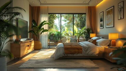 Rustic home design with ethnic decoration. Bed with pillows, wooden furniture, plants in pots, armchair and curtains on large windows in cozy bedroom interior, nobody, flat lay, panorama, free space