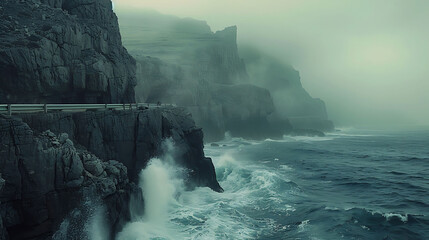 A coastal highway hugging rugged cliffs with crashing waves below