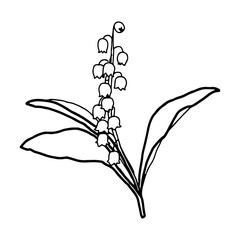 Maiglöckchen - Stilisierte Geburtsblume als Linienzeichnung in weißem Kreis auf transparentem Untergrund für die verwendung als Label oder Button