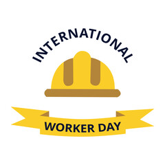 Cartel del día internacional del trabajador con inscripción y un casco amarillo. Vector