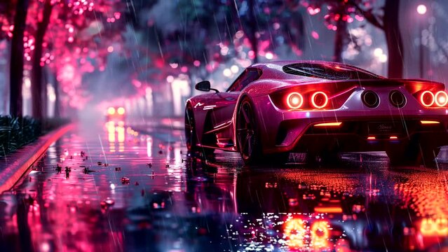 Sports car on city road during rainy spring, Lofi chill vibes. seamless looping 4k time-lapse animation video background
