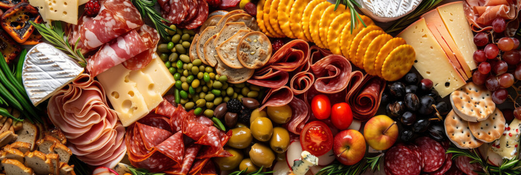 Close-up photo of a gourmet charcuterie board featuring a variety of cured meats, artisan cheeses, and gourmet accompaniments, arranged with artistic flair.