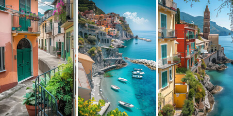 Collage of three vibrant photos of typical Italian landscapes. Mediterranean vacations, holiday destinations in Italy, tranquil seaside locations. - obrazy, fototapety, plakaty
