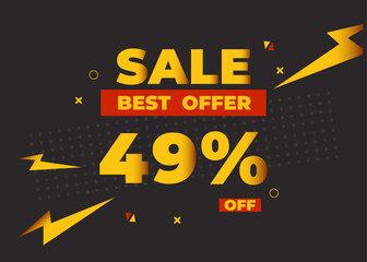 49% off sale best offer. Sale banner with forty nine percent of discount, coupon or voucher vector illustration. Yellow and red template for campaign or promotion.