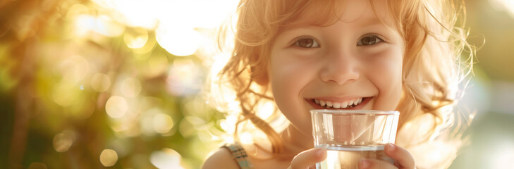 Pretty little child drinking fresh water on sunny summer day at home. Cute preschool kid holding...