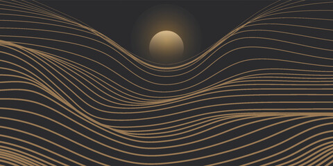 Vector abstract art Mount Fuji Japan landmark, landscape mountain with birds and sunrise sunset by gold line art texture isolated on dark gray black color background.