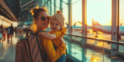 Young mother and her baby ready to go travelling together. Mom and child waiting to board a plane at an airport. Summer vacation and holidays with small kids.