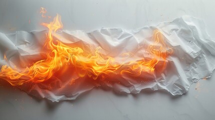 a white sheet of paper laying with a flame coming out of it, against white back ground