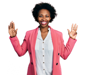African american woman with afro hair wearing business jacket showing and pointing up with fingers number nine while smiling confident and happy.