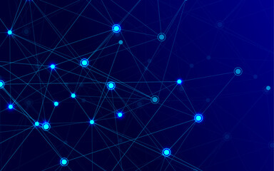 Technology blue background with connecting lines and shiny dots