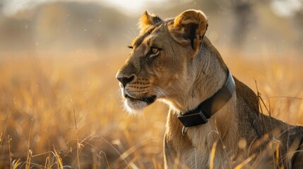 A lioness wearing a collar that generates a protective barrier to prevent human conflict focusing on coexistence
