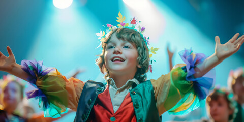 Kindergarten kids participating in spring themed school play. Cheerful children performing on theater stage in front of their parents. Creative leisure for elementary school students.