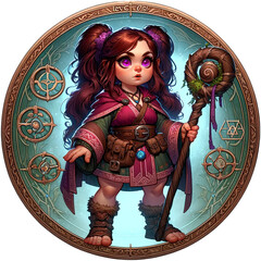 Cute Female Dwarf Sorcerer Level 5 Token Auburn Hair Purple Eyes - obrazy, fototapety, plakaty