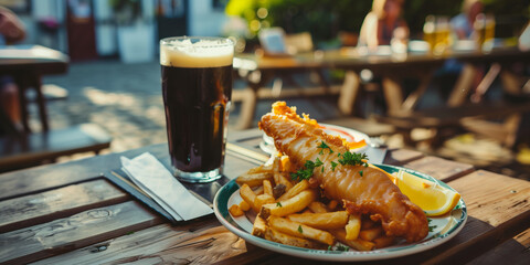Delicious fish and chips on wooden table of outdoor cafe in Ireland. Crispy beer battered fish, fresh hot French fries and a glass of dark stout beer. Traditional Irish food.