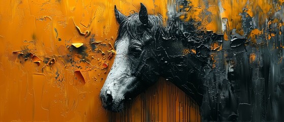 Modern painting, abstract, metallic elements, texture background, plants, animals, horses, etc.