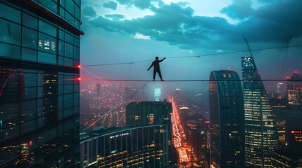 Adventurous Person Tightrope Walking between Skyscrapers at Dusk. Urban Thrill-Seeking High above the City Lights. A Daring Stunt Captured. AI