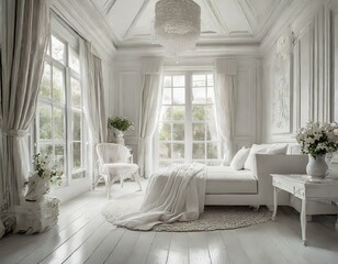 A room with a white theme, bedroom