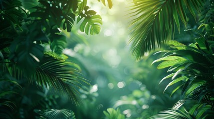 Fototapeta na wymiar Tropical rainforest canopy green foliage, hanging vines, light and shadow play in bokeh photography