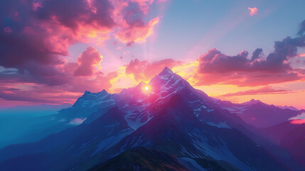 A colorful sunrise over a snow-capped mountain range - alpine beauty - obrazy, fototapety, plakaty