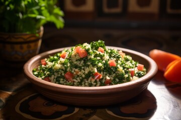 Tempting tabbouleh in a clay dish against a patterned gift wrap paper background