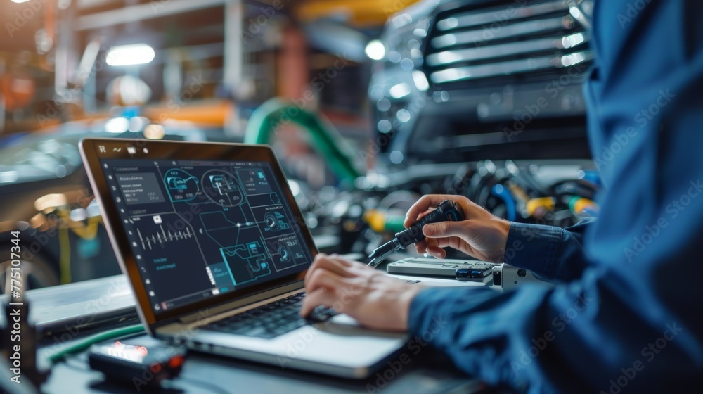 Poster car mechanic checking ecu engine system with obd2 wireless scanning tool and laptop, showing informa