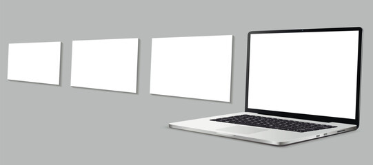 Laptop mockup with blank wireframing pages. Concept for showcasing web-design projects. - obrazy, fototapety, plakaty