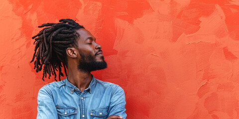 photo of a handsome guy with a smile with dreadlocks against a red wall with copy space on the...