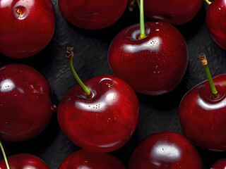 Fresh red cherries with water drops on black background, close up shot. fruits and summer berries illustration