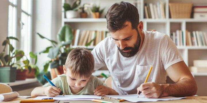Portrait of young father drawing with his child. Good parenting, quality time with a child, creative leisure for families with kids. Celebration of Father's Day concept.