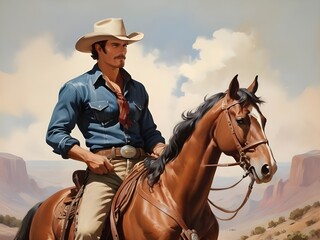 beautiful stunning handsome vintage cowboy man, paint art 