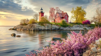 Beautiful pink flowers with lighthouse tower background AI generated image - obrazy, fototapety, plakaty