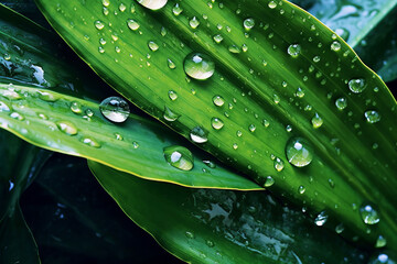 A macro shot of water drops on a tropical leaf