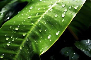 A macro shot of water drops on a tropical leaf