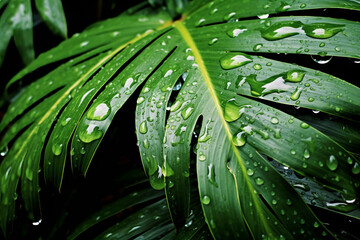 A macro shot of water drops on a tropical leaf