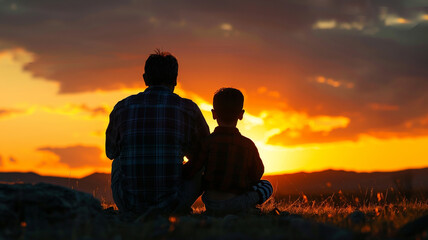 A father and son watching the sunset together, sharing a moment of tranquility and bonding amidst the beauty of nature.