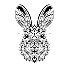 Rabbit head coloring book illustration, Black and white lines, graphic of tribal art abstract face rabbit, Monochrome rabbit, Animal head on a patterned background, Hand drawn with ethnic floral