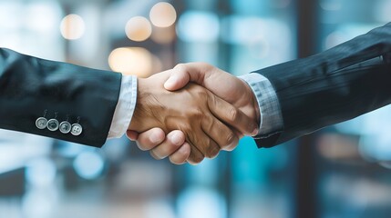 Professional handshake sealing a deal in corporate environment. Business partners agree on terms. Formal attire reflects professionalism. Successful agreement confirmed with a handshake. AI