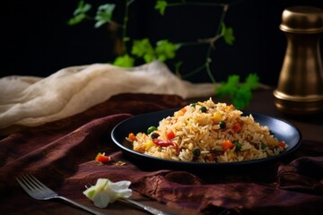 Tasty fried rice on a marble slab against a coffee sack fabric background - Powered by Adobe