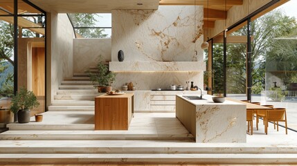  A kitchen featuring a marble countertop and stairs ascending to the upper floor, encircled by expansive windows - obrazy, fototapety, plakaty
