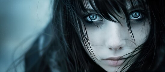 Close up of woman face with makeup and emo hairstyle AI generated image - obrazy, fototapety, plakaty