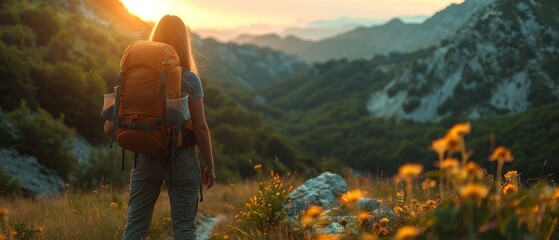 Travel Lifestyle wanderlust adventure concept summer vacations alone outdoors hiking at sunset mountains with heavy backpack